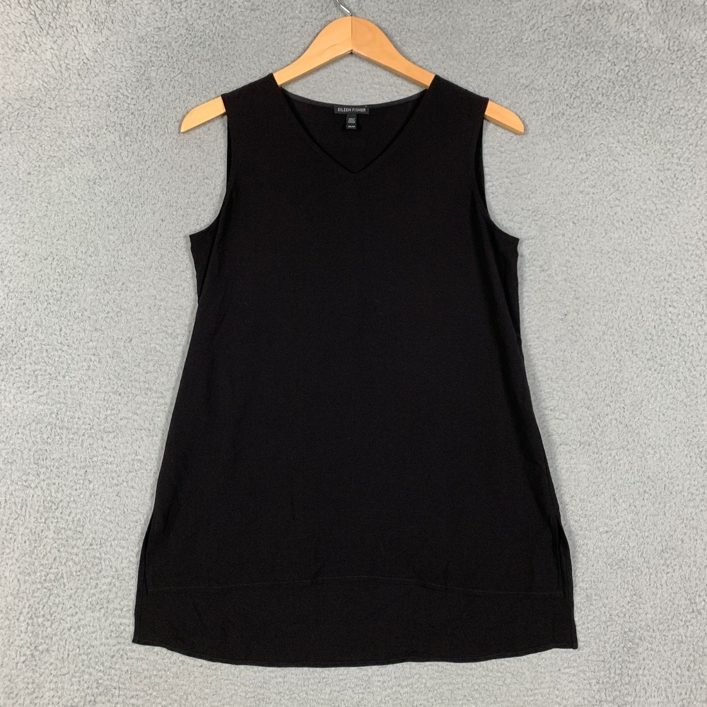 Eileen Fisher Tank Top Women's XS Black 100% Silk Sleeveless V Neck High Low Hem